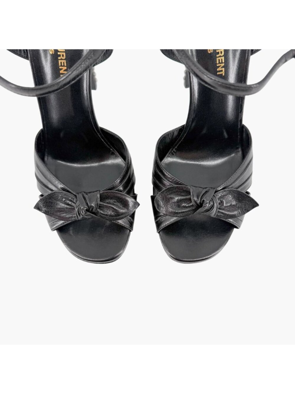 Saint Laurent Crystal Platform Sandals Heels Black Leather Size 39.5 US 9.5 Bow - Picture 5 of 16